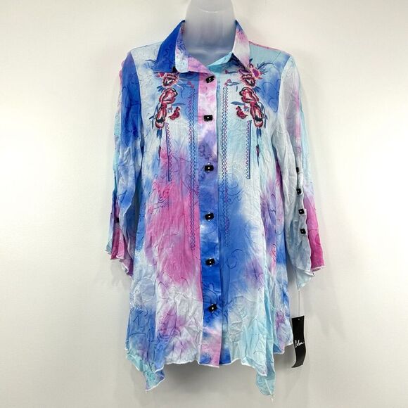Calessa Top Women's S NWT Tie Dye‎ Boho Asymmetrical Flower Child Artsy Hippie - Picture 1 of 14